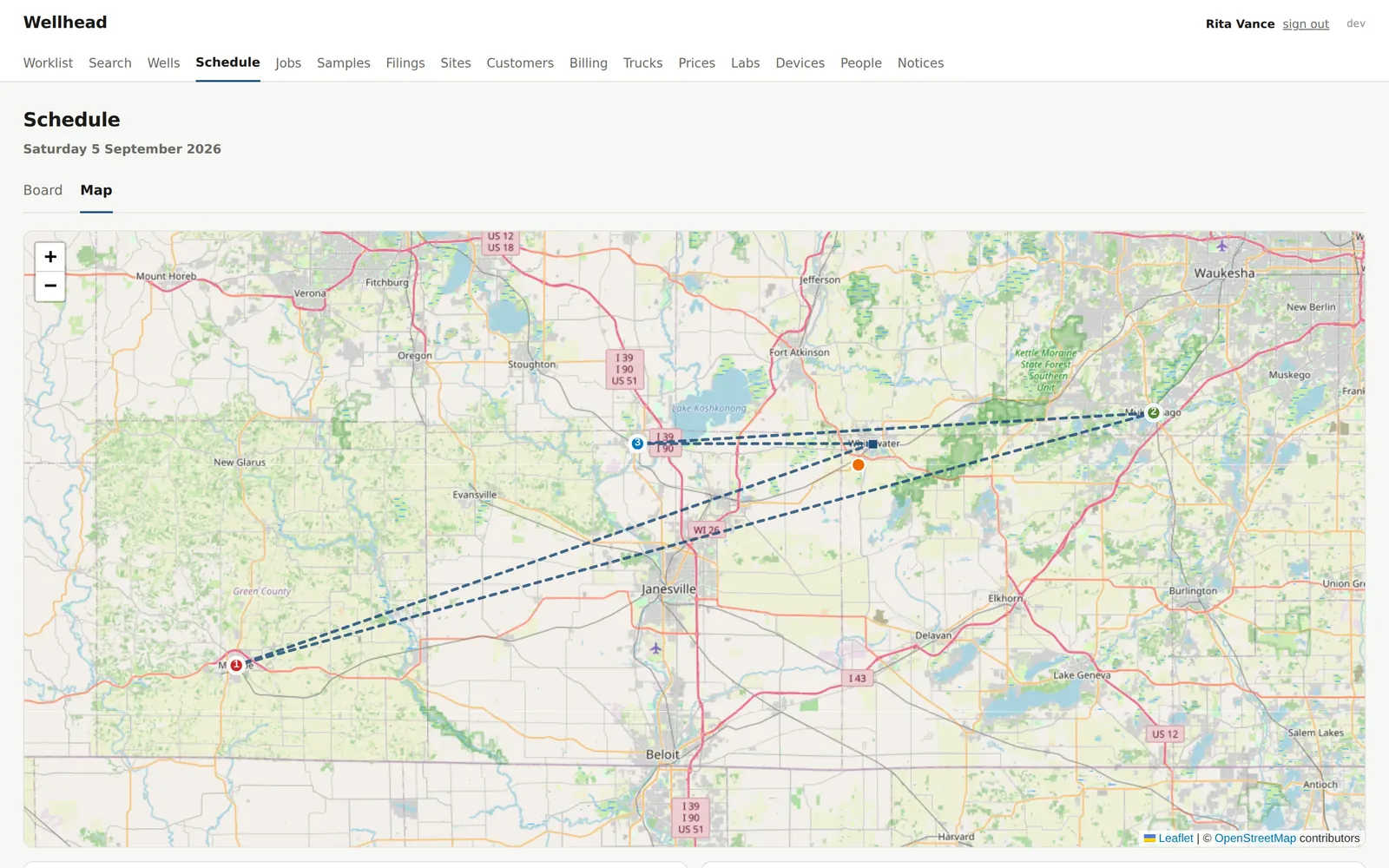 The schedule map: three stops across southern Wisconsin and the loop from the yard