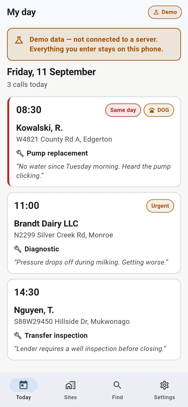 Wellhead Field: My day, three calls with the same-day flag and a loose-dog warning